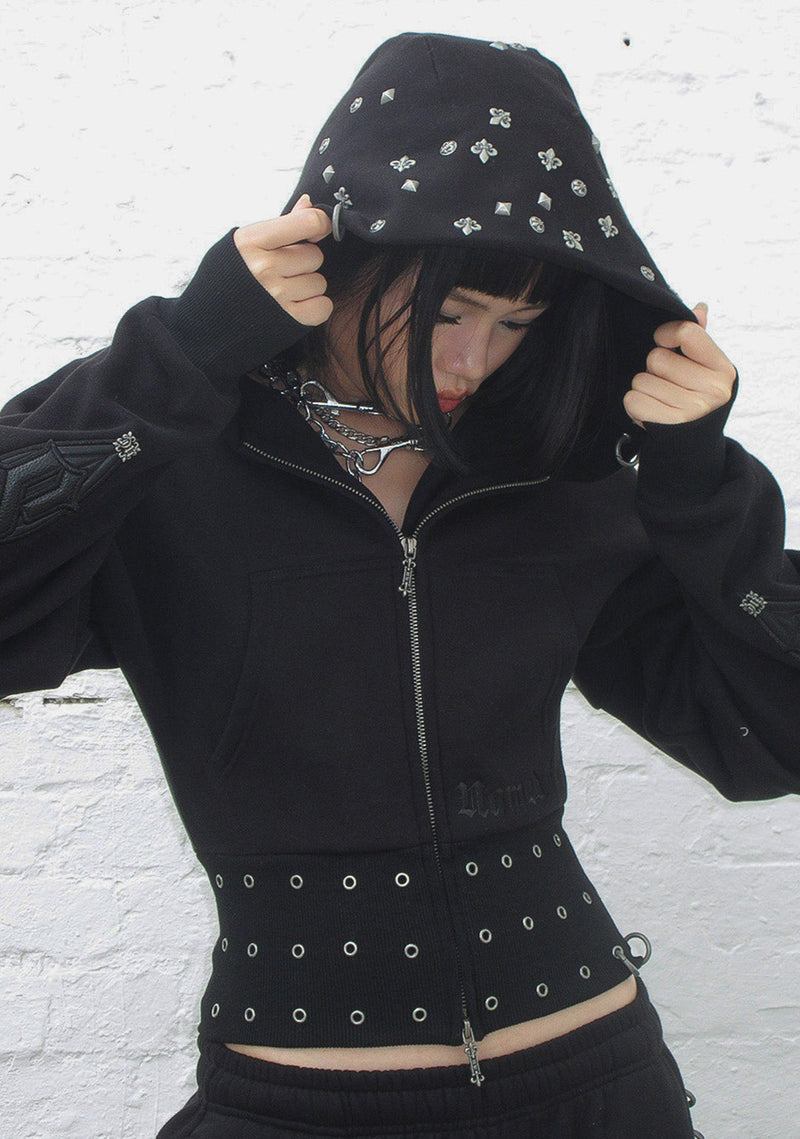 MIDNIGHT STUDDED FITTED WAIST ZIP CROP HOODIE BLACK