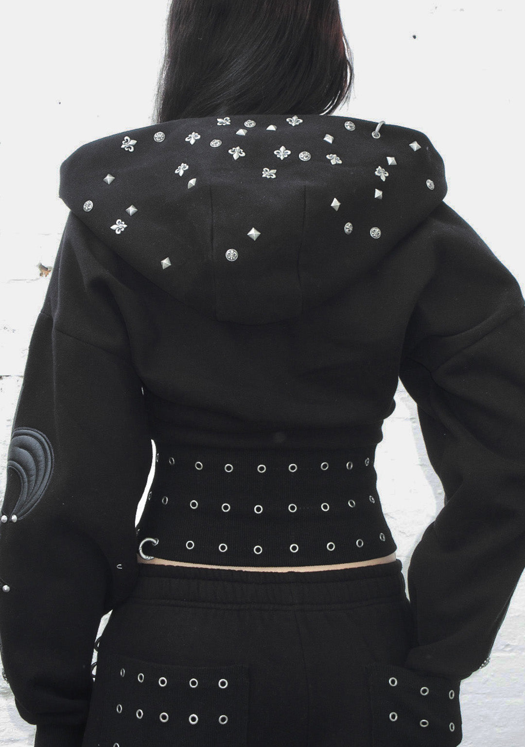 MIDNIGHT STUDDED FITTED WAIST ZIP CROP HOODIE BLACK