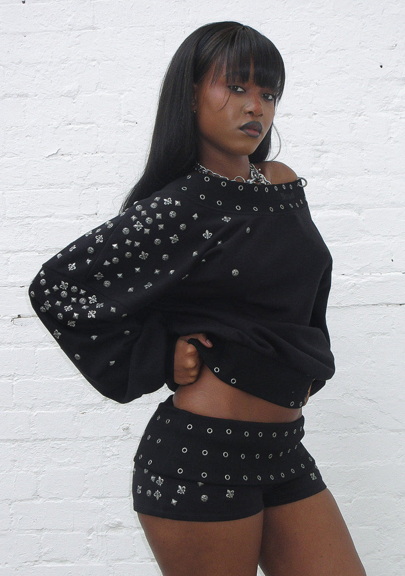 MIDNIGHT STUDDED OFF THE SHOULDER SWEATER BLACK