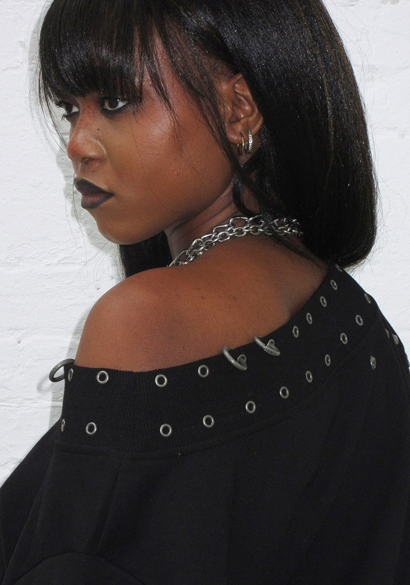 MIDNIGHT STUDDED OFF THE SHOULDER SWEATER BLACK