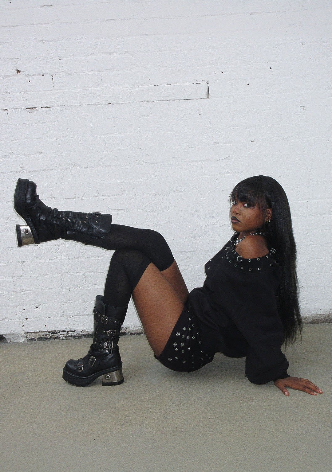 MIDNIGHT STUDDED OFF THE SHOULDER SWEATER BLACK