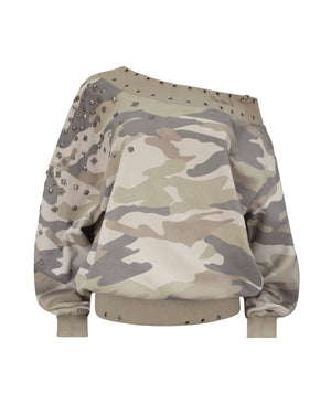 MIDNIGHT STUDDED OFF THE SHOULDER SWEATER CAMO