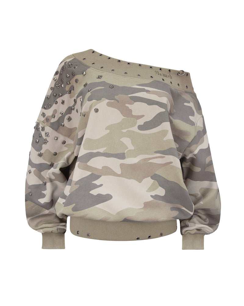 MIDNIGHT STUDDED OFF THE SHOULDER SWEATER CAMO