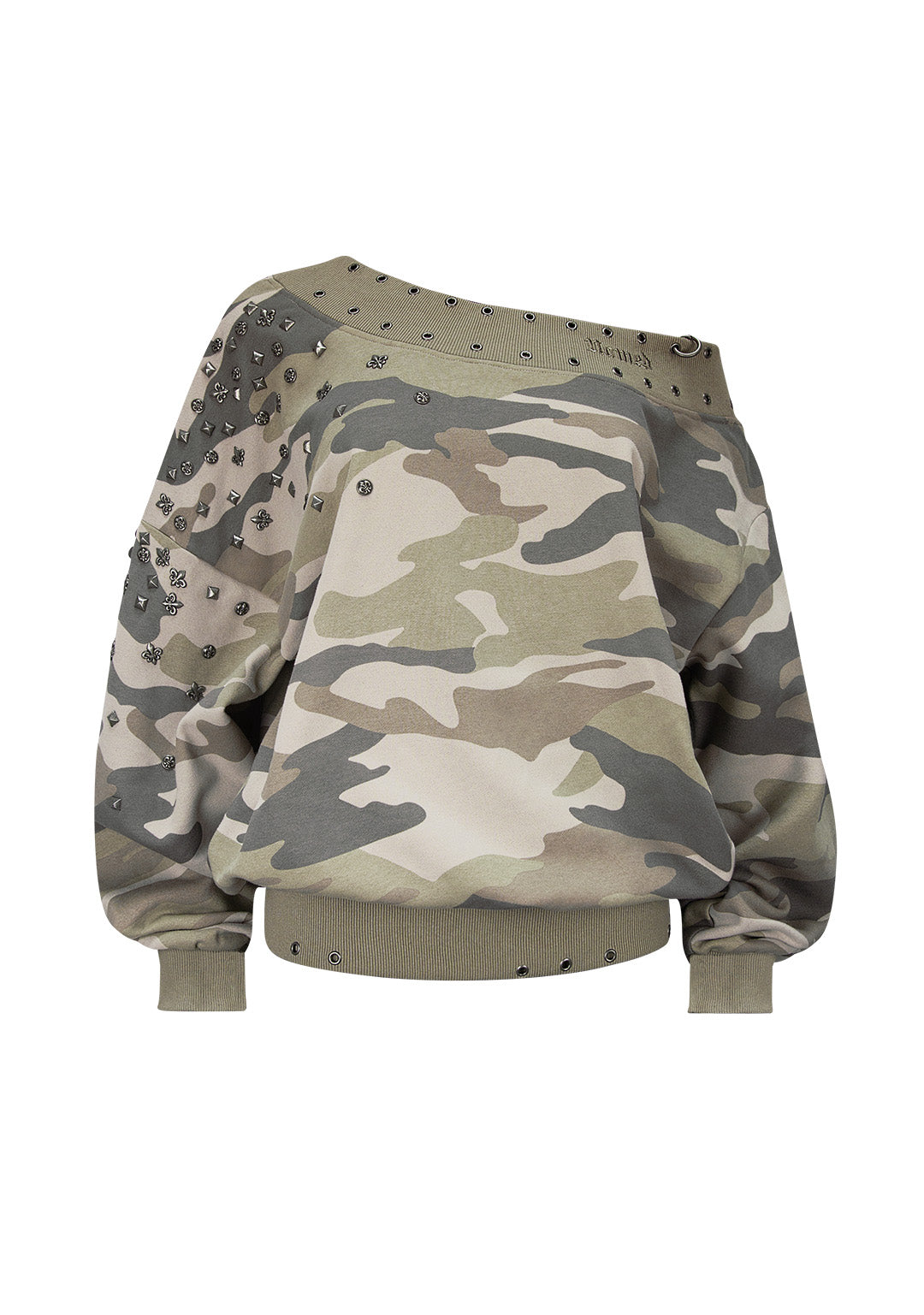 MIDNIGHT STUDDED OFF THE SHOULDER SWEATER CAMO