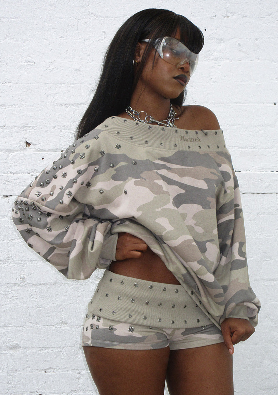 MIDNIGHT STUDDED OFF THE SHOULDER SWEATER CAMO