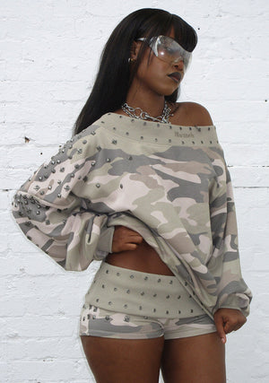 MIDNIGHT STUDDED OFF THE SHOULDER SWEATER CAMO