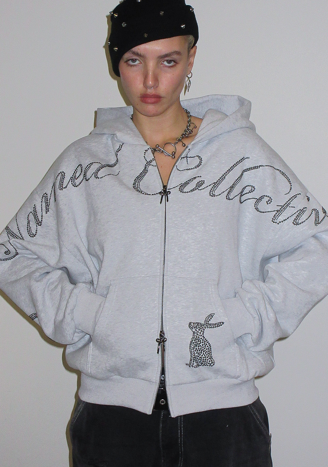 MUSE STUDDED ZIP HOODIE GREY MARL