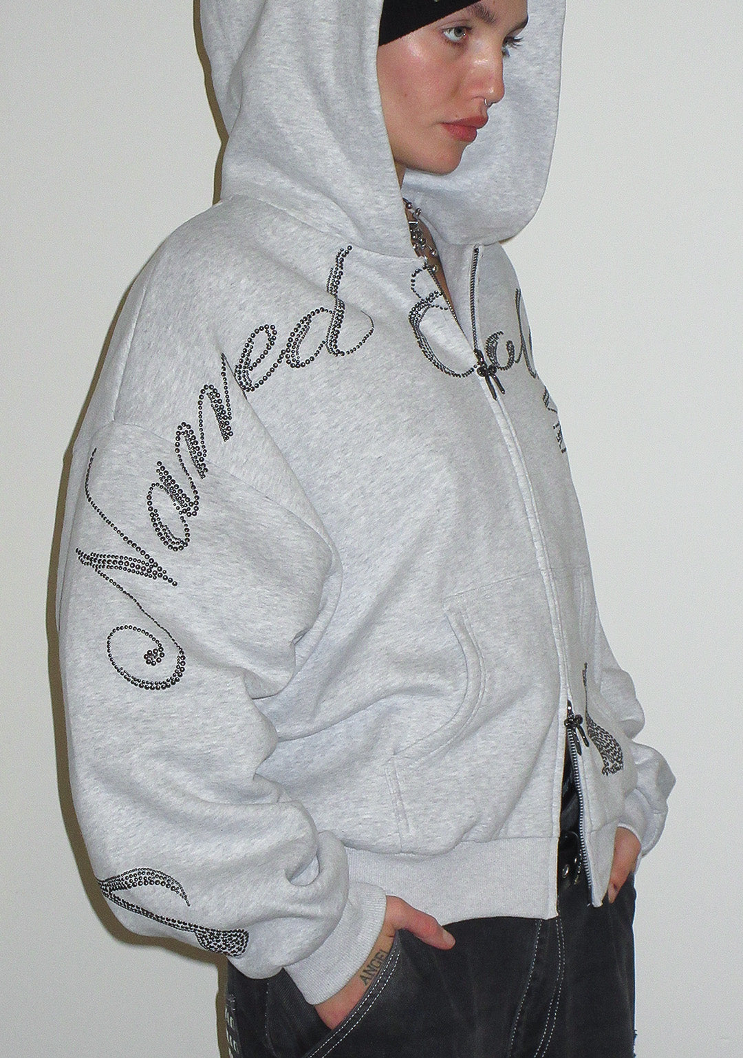 MUSE STUDDED ZIP HOODIE GREY MARL
