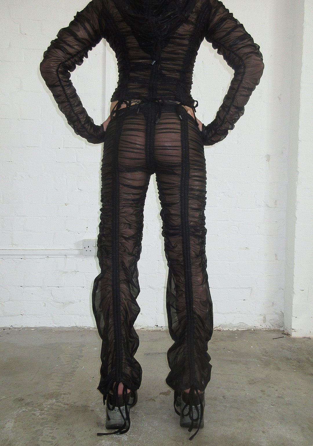 NOCTURNAL SHEER RUCHED SCULPT STRETCH PANTS BLACK (ADJUSTABLE CORDS)