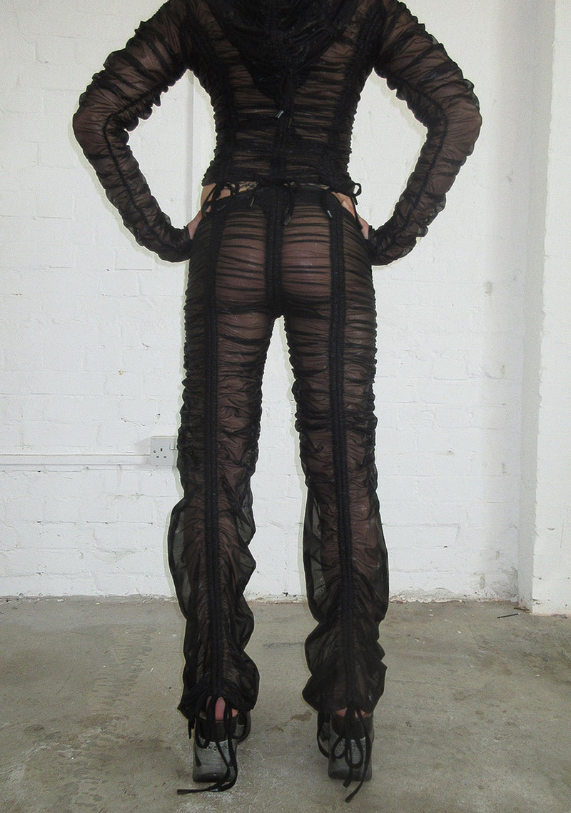 NOCTURNAL SHEER RUCHED SCULPT STRETCH PANTS BLACK (ADJUSTABLE CORDS)
