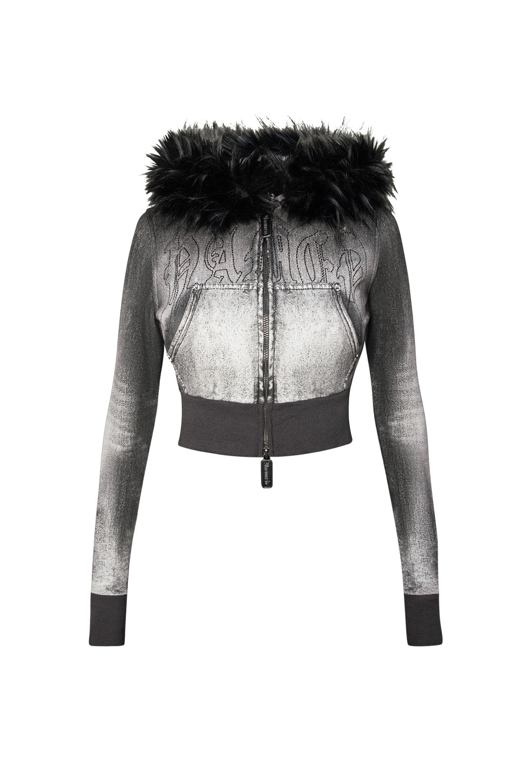 OFF GRID FAUX FUR DENIM EFFECT FITTED ZIP HOODIE WASHED BLACK (DETACHABLE FUR)