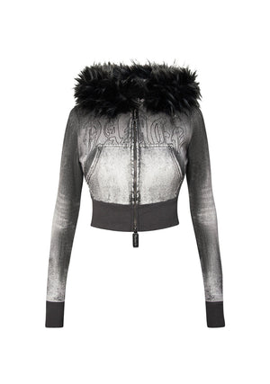 OFF GRID FAUX FUR DENIM EFFECT FITTED ZIP HOODIE WASHED BLACK (DETACHABLE FUR)