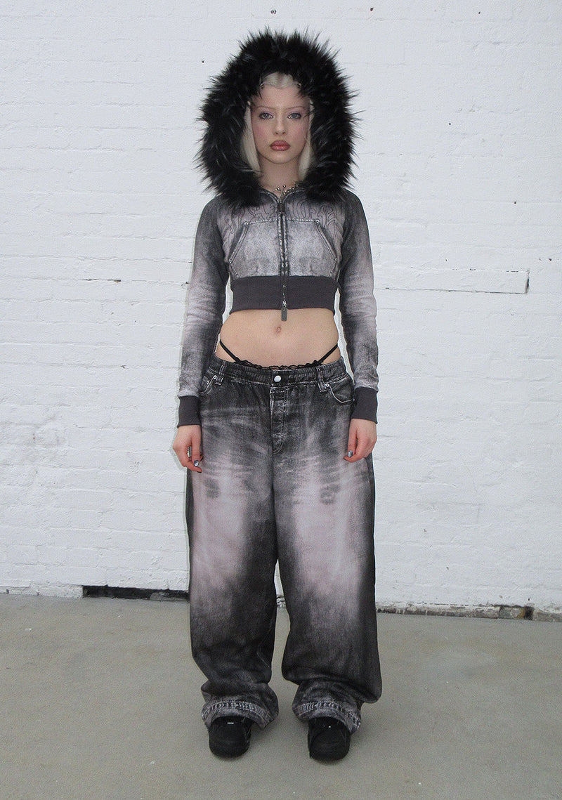 OFF GRID FAUX FUR DENIM EFFECT FITTED ZIP HOODIE WASHED BLACK (DETACHABLE FUR)