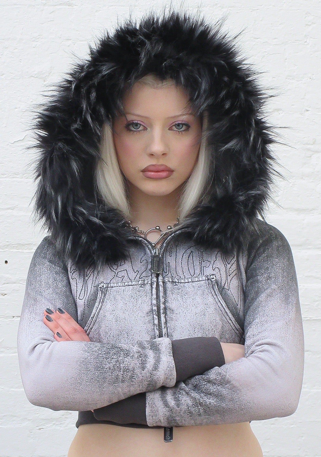 Off Grid Faux Fur Denim Effect Fitted Zip Hoodie Washed Black