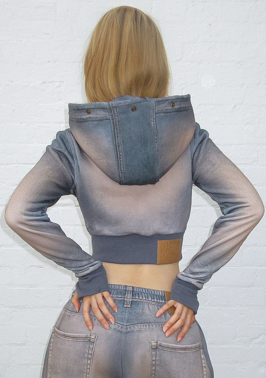 OFF GRID FAUX FUR DENIM EFFECT FITTED ZIP HOODIE WASHED BLUE (DETACHABLE FUR)