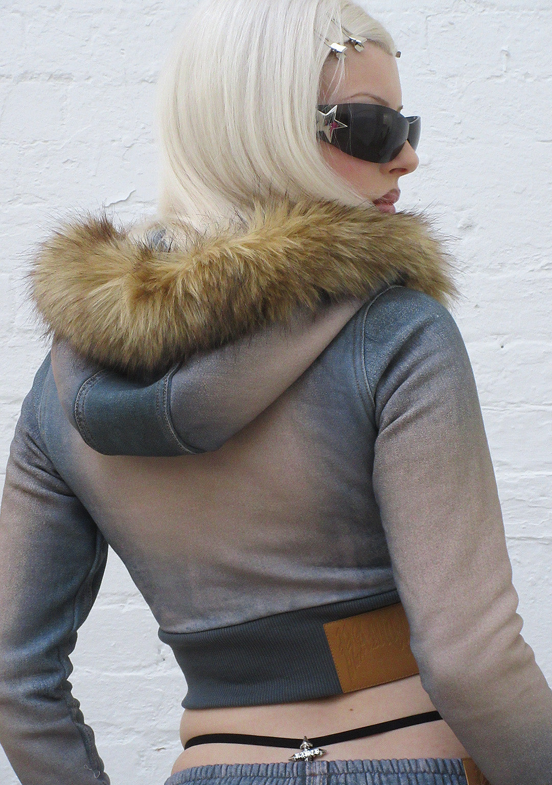 Off Grid Faux Fur Denim Effect Fitted Zip Hoodie Washed Blue