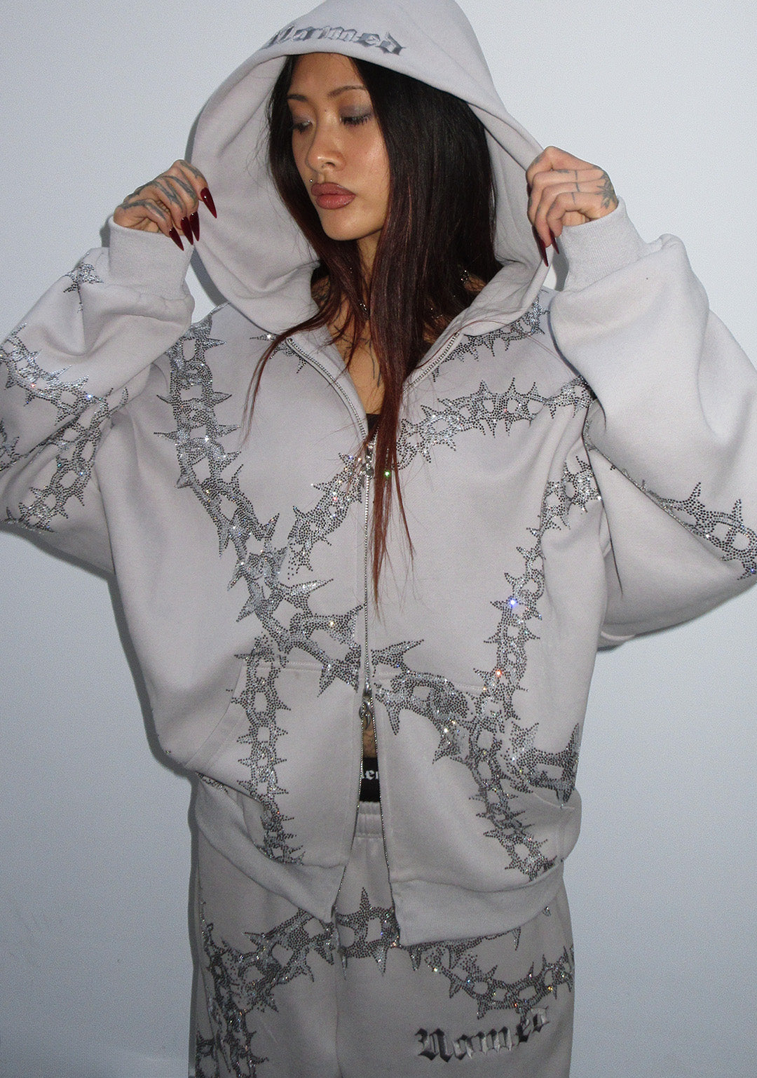 OMEN RHINESTONE ZIP HOODIE SMOKE GREY