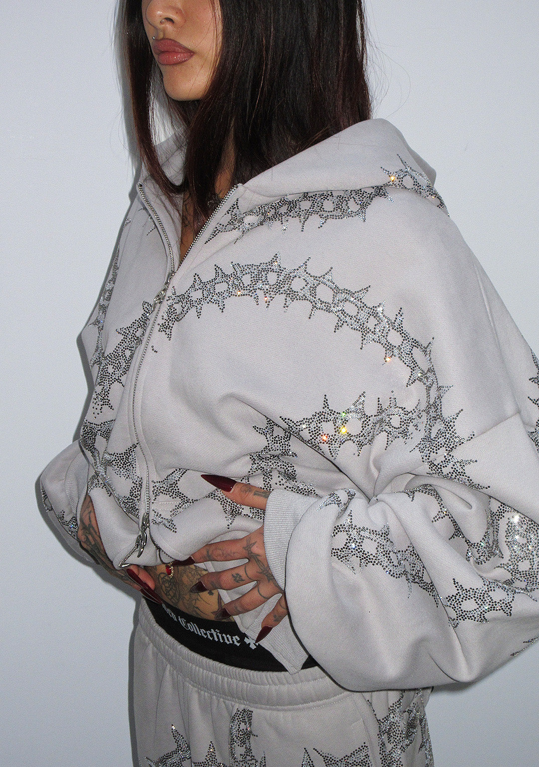 OMEN RHINESTONE ZIP HOODIE SMOKE GREY