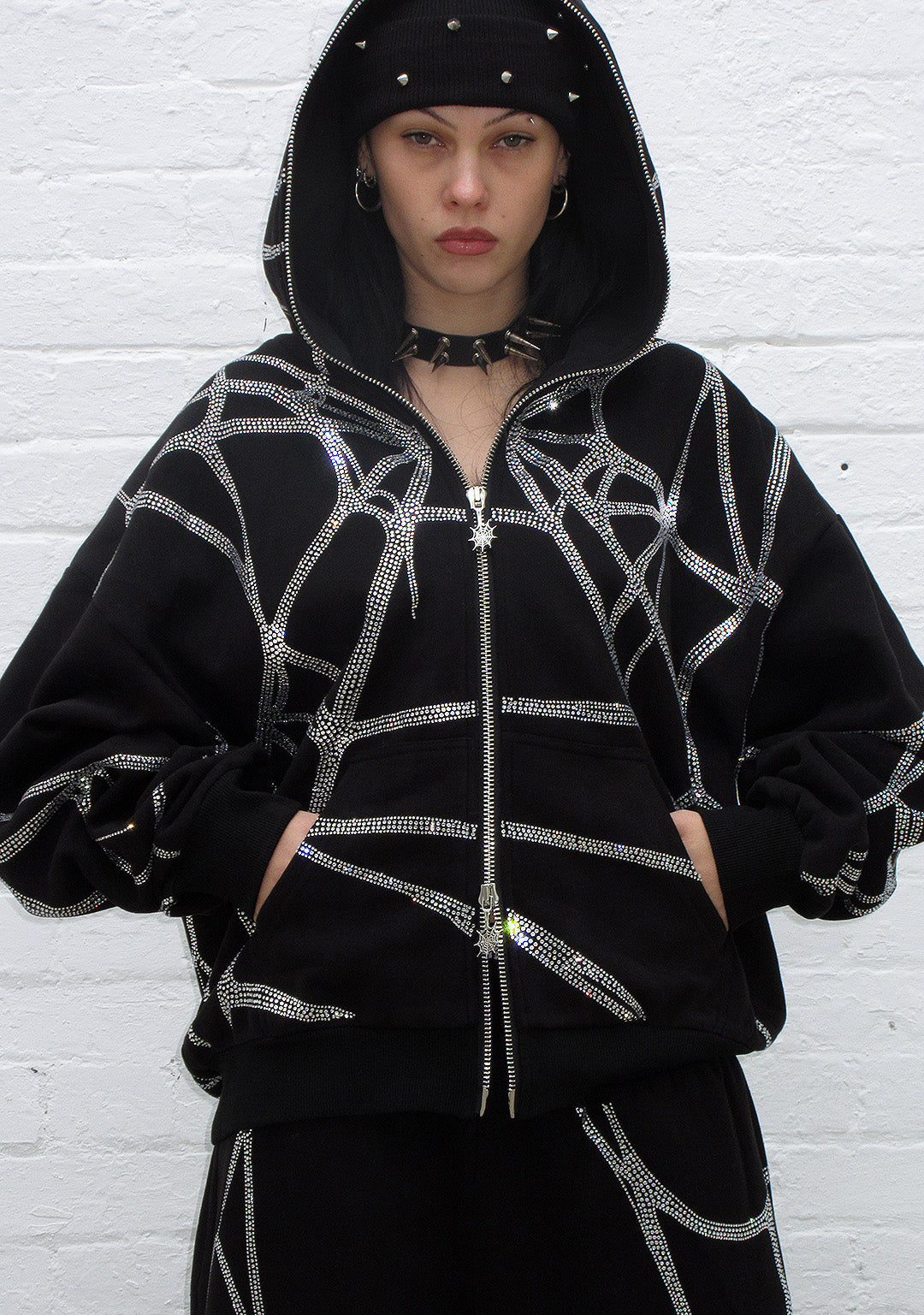 POISON RHINESTONE ZIP HOODIE BLACK