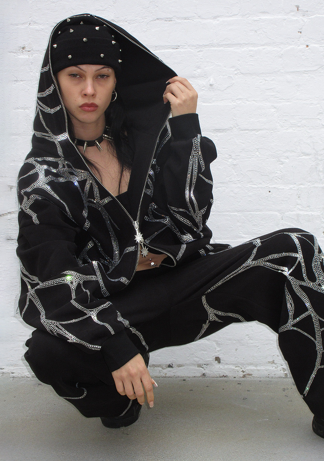 POISON RHINESTONE ZIP HOODIE BLACK