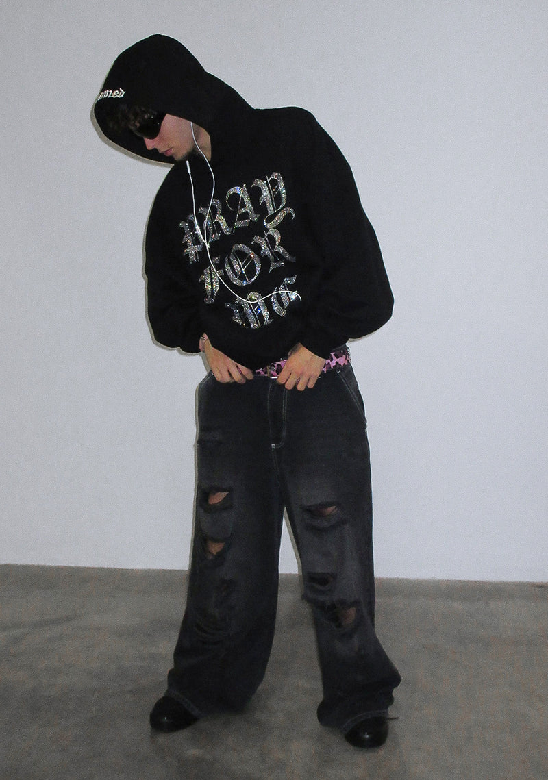 PRAY FOR ME RHINESTONE PULLOVER HOODIE BLACK