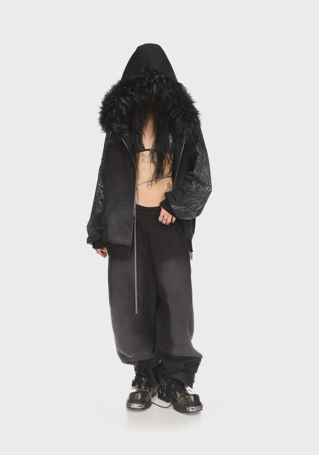 Fallen Faux Fur Rhinestone Zip Hoodie Washed Black Detachable Fur