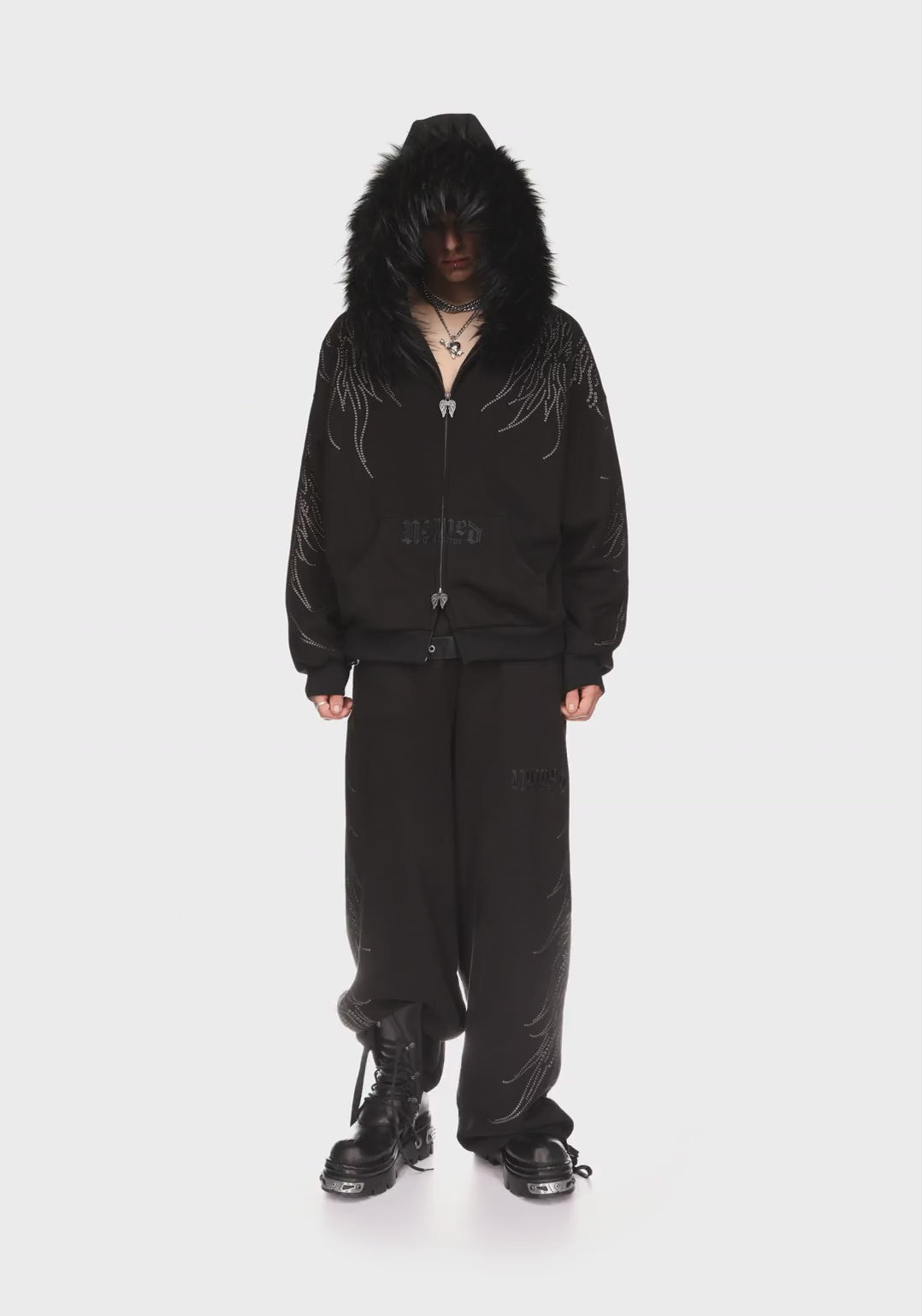 ジャケット・アウター type shade fur studs hoodie FALLEN STUDDED FAUX FUR ZIP HOODIE BLACK (DETACHABLE FUR) – NAMED