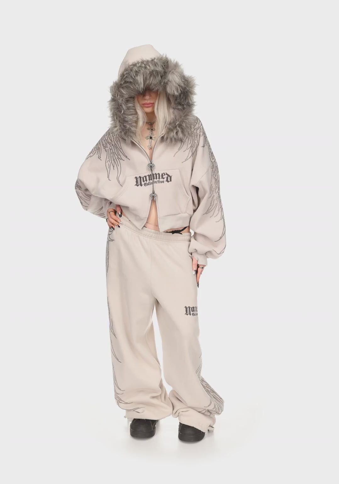 Fallen Faux Fur Studded Crop Zip Hoodie Bone Detachable Fur