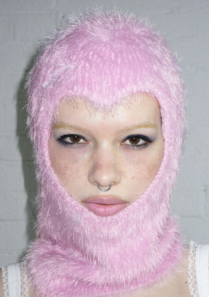 PREY FLUFFY KNIT HEART BALACLAVA BABY PINK