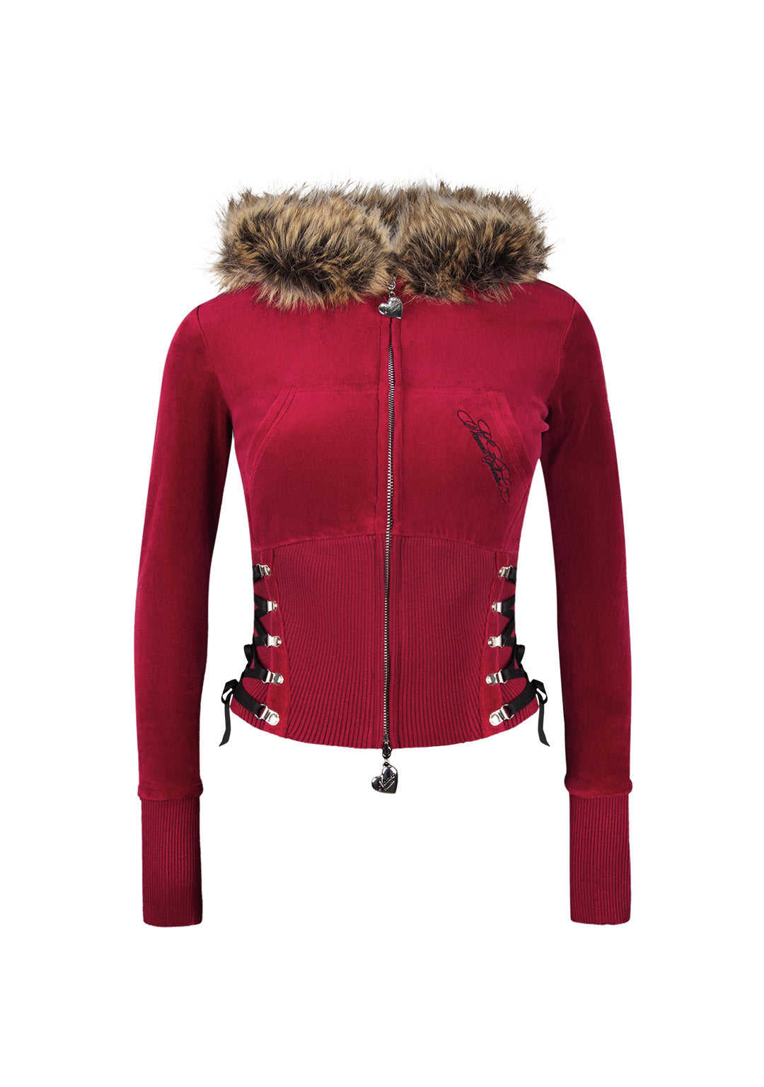 Rebel Faux Fur Velour Zip Hoodie Dark Red Detachable Fur – NAMED