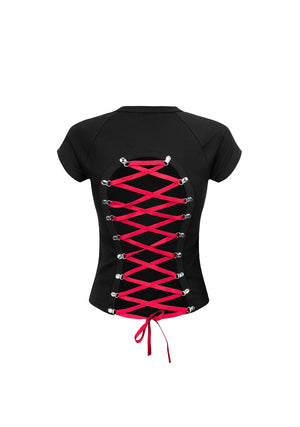 REBEL LACE UP BABY TEE BLACK AND RED