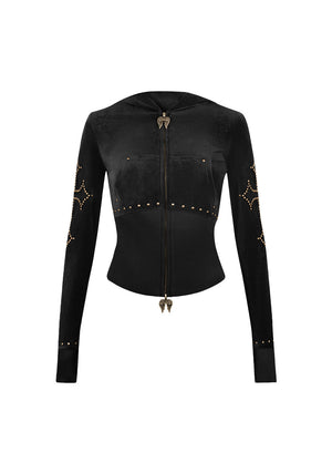 REBEL STUDDED VELOUR ZIP HOODIE BLACK