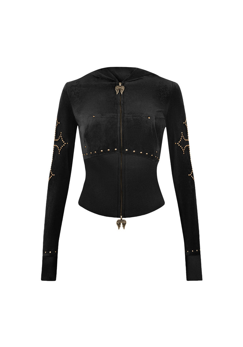REBEL STUDDED VELOUR ZIP HOODIE BLACK