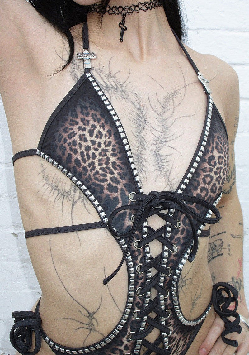 RUMOUR STUDDED LACE UP SWIMSUIT LEOPARD