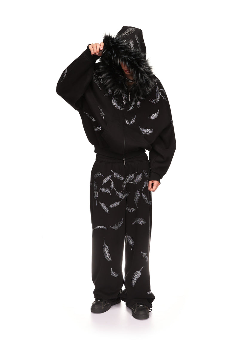 SAINT RHINESTONE ZIP HOODIE BLACK (DETACHABLE FUR)