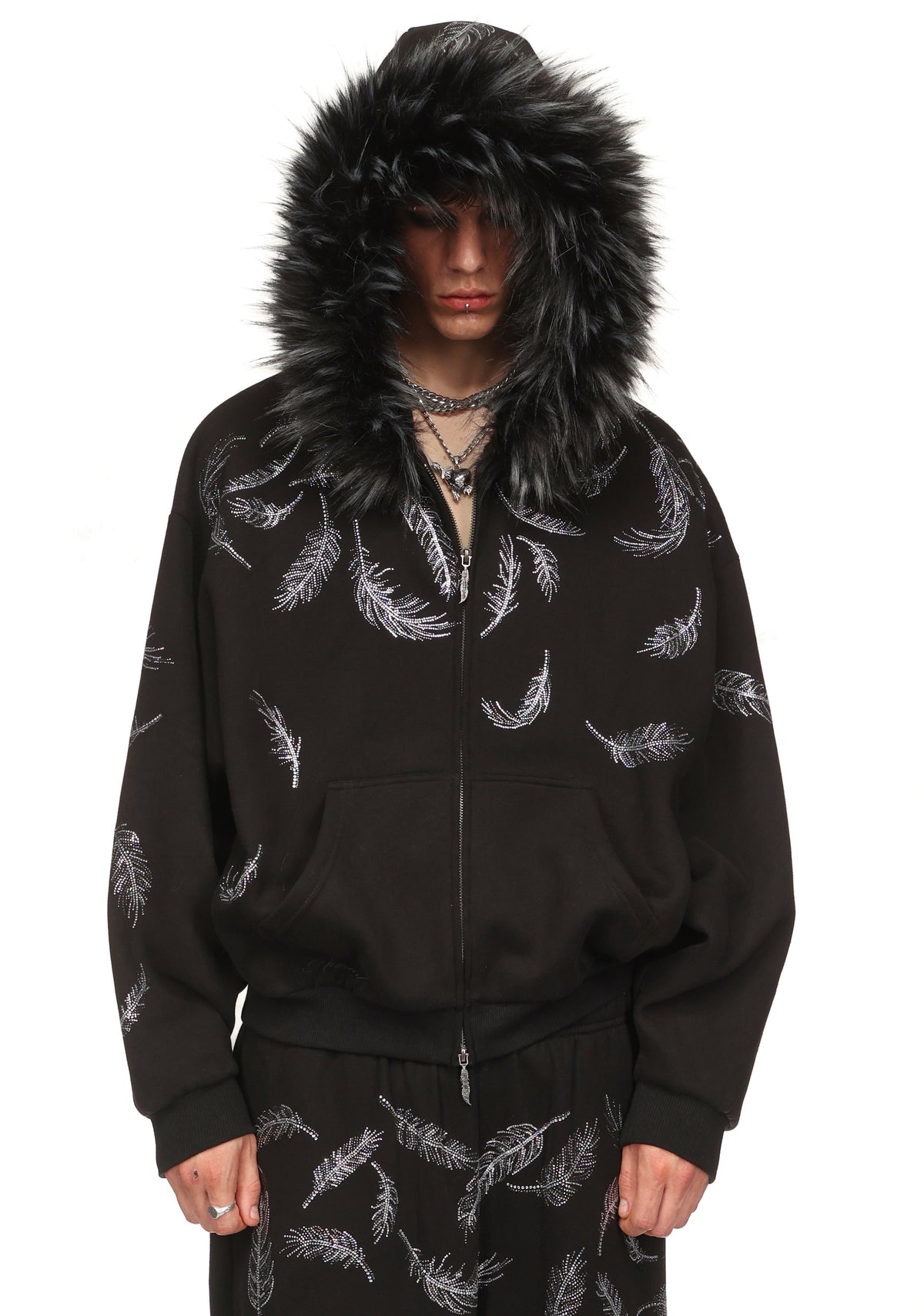 SAINT RHINESTONE ZIP HOODIE BLACK (DETACHABLE FUR)