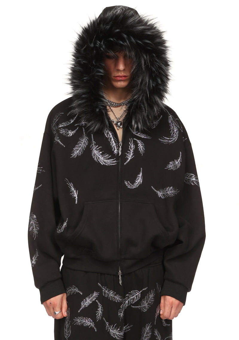 SAINT RHINESTONE ZIP HOODIE BLACK (DETACHABLE FUR)