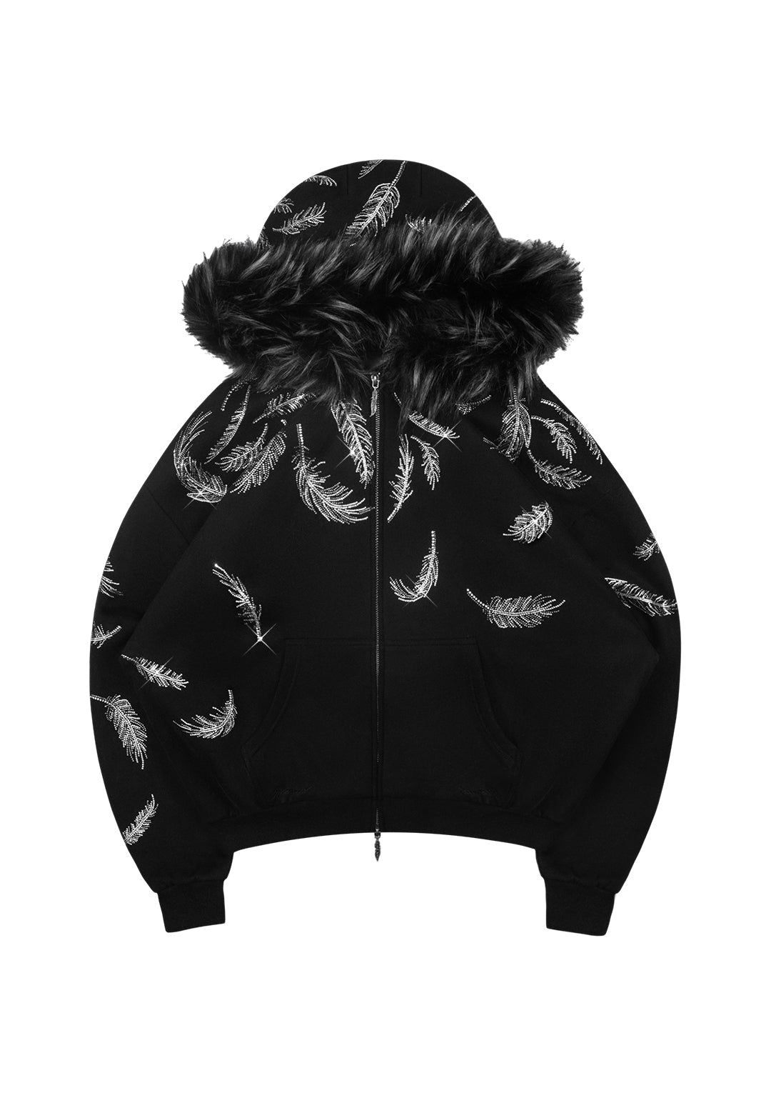 SAINT RHINESTONE ZIP HOODIE BLACK (DETACHABLE FUR)