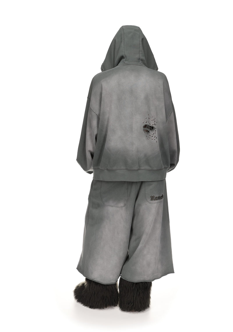 SHADOW STUDDED ZIP HOODIE WASHED GREY