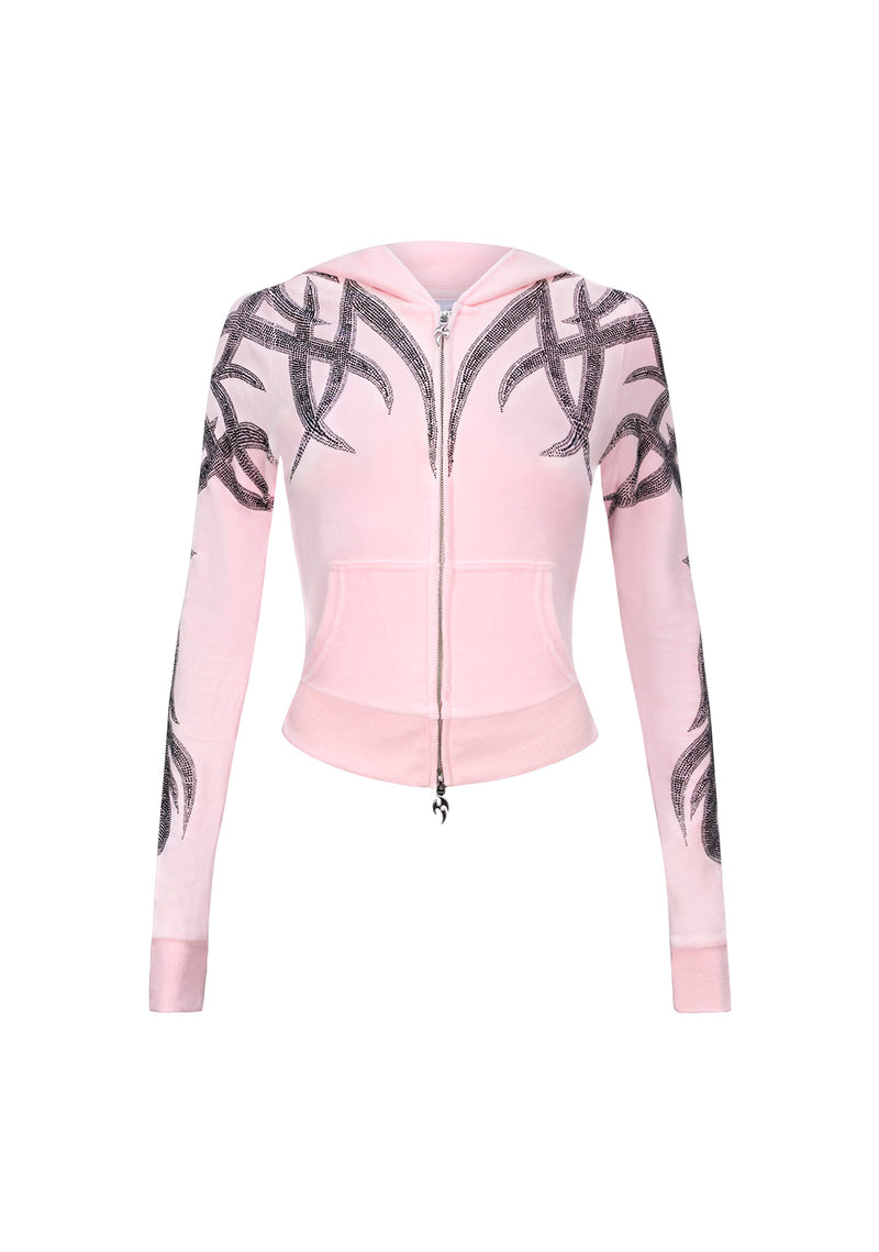 SIGNAL RHINESTONE VELOUR HOODIE BABY PINK