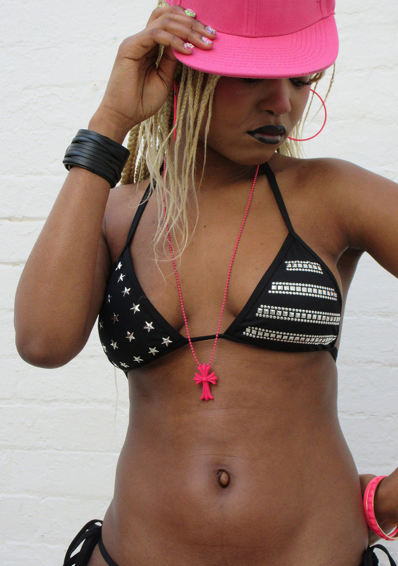 STELLAR STUDDED TRIANGLE BIKINI TOP BLACK