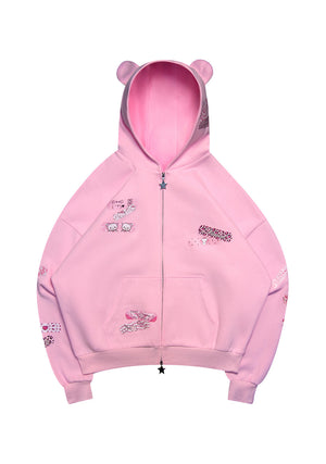 STITCH TEDDY ZIP HOODIE BABY PINK