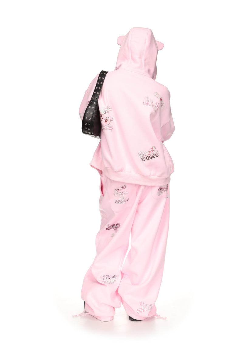 STITCH TEDDY ZIP HOODIE BABY PINK