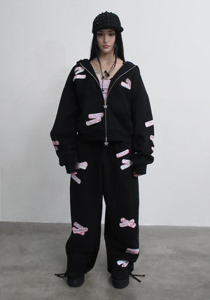 STITCH TEDDY ZIP HOODIE BLACK