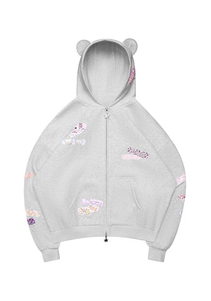 STITCH TEDDY ZIP HOODIE WHITE MARL