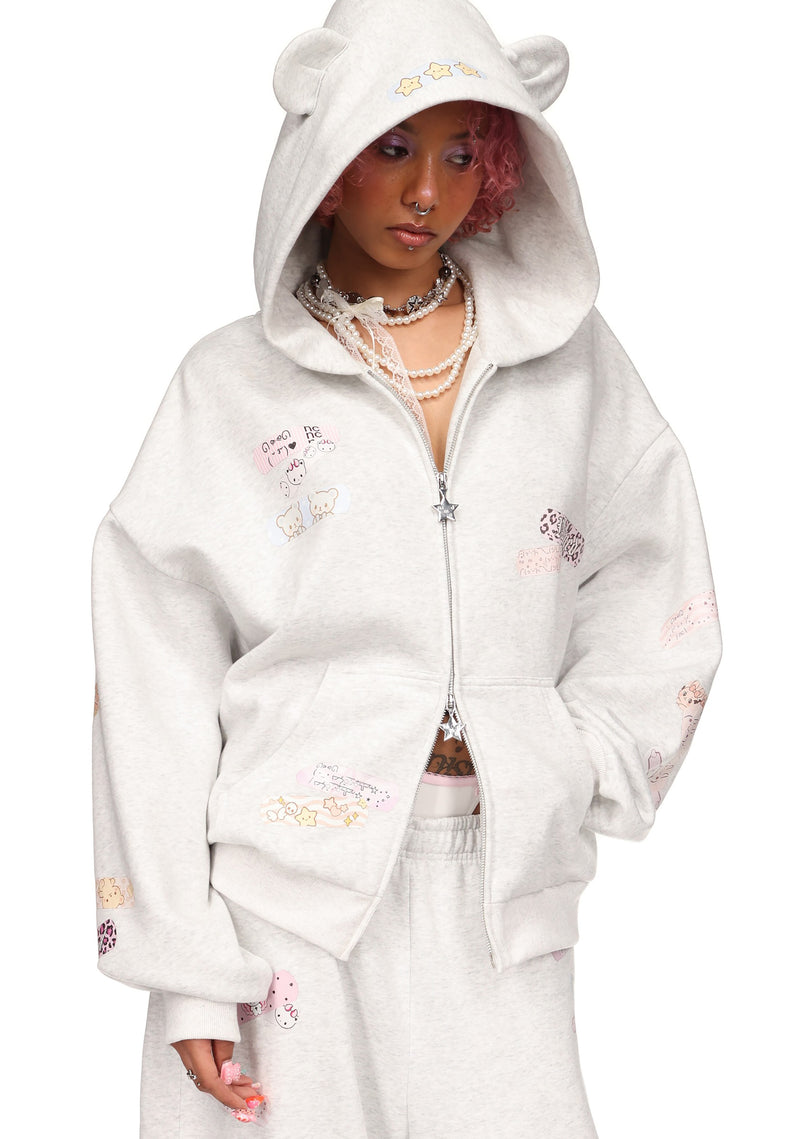 STITCH TEDDY ZIP HOODIE WHITE MARL