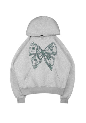 STRANGERS RHINESTONE $ BOW PULLOVER HOODIE GREY MARL