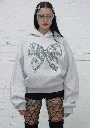 STRANGERS RHINESTONE $ BOW PULLOVER HOODIE GREY MARL