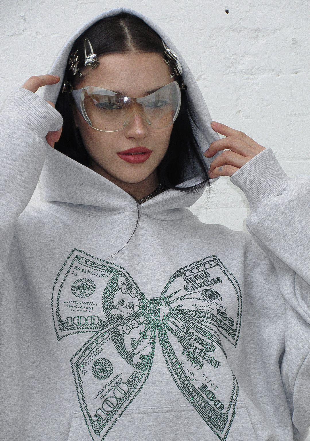 named collective パーカー　リボン　y2k S/M Strangers Rhinestone Bow Pullover Hoodie Grey Marl – NAMED COLLECTIVE®