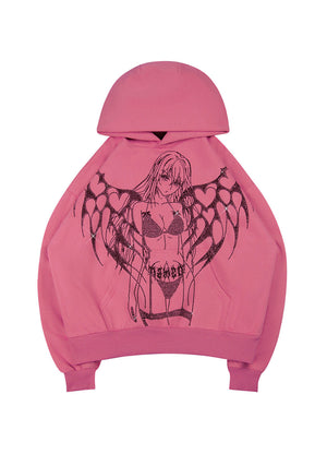 STRANGERS RHINESTONE ANGEL PULLOVER HOODIE DUSKY PINK